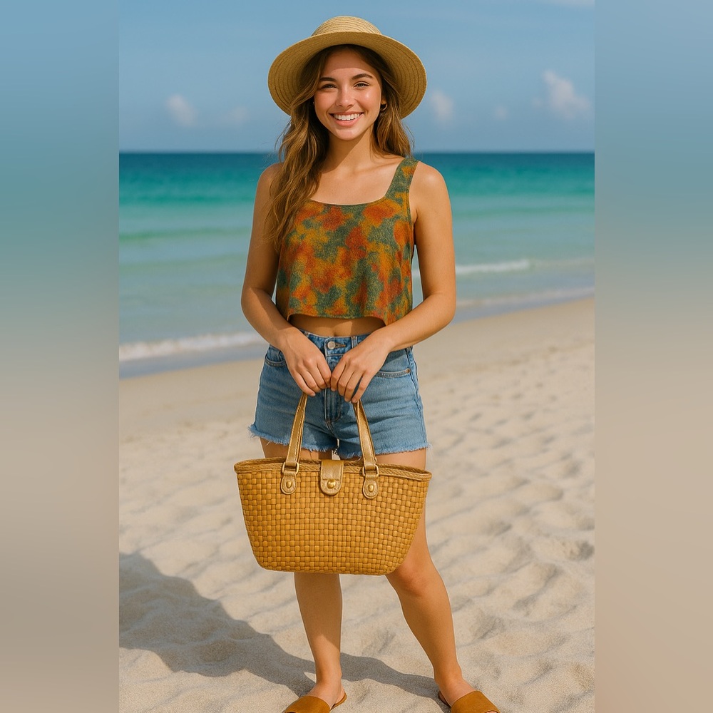 Barneys New York Gold Metallic Strap Woven Cornhusk Tote Bag